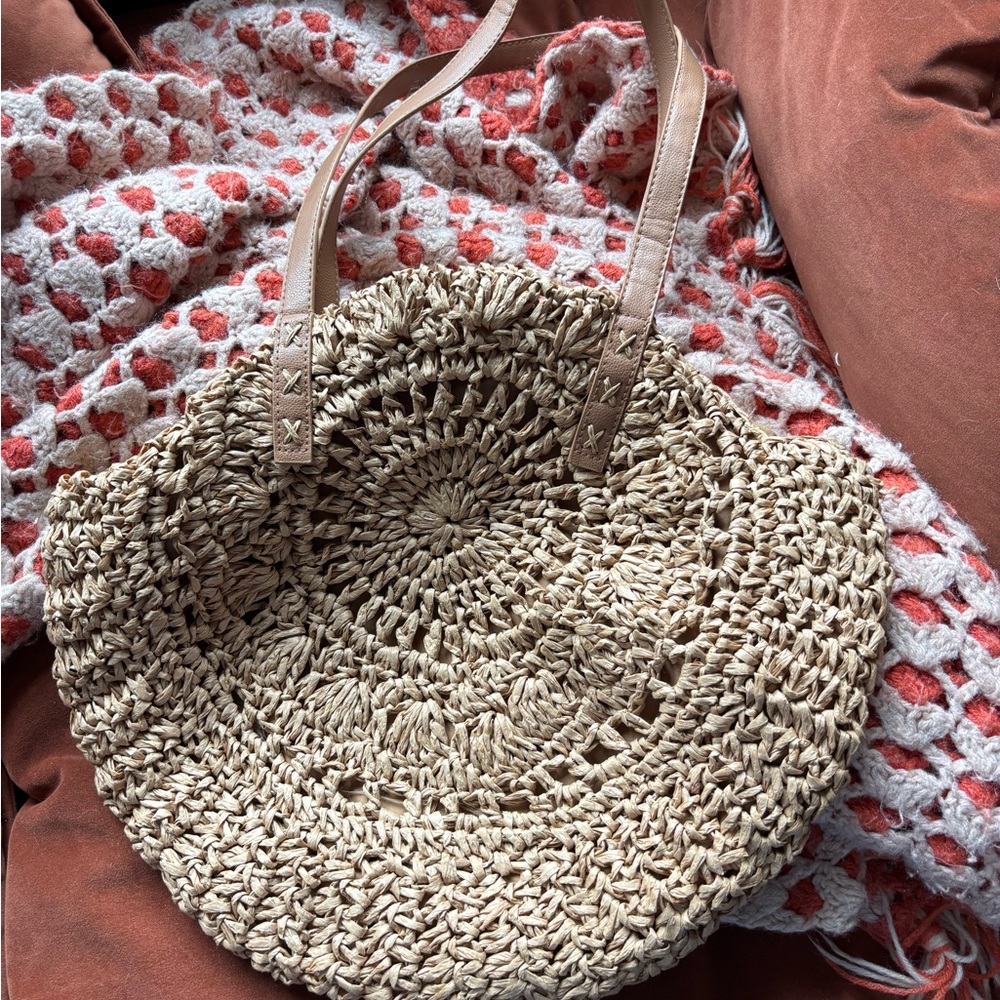 Beige Woven Straw Tote Bag